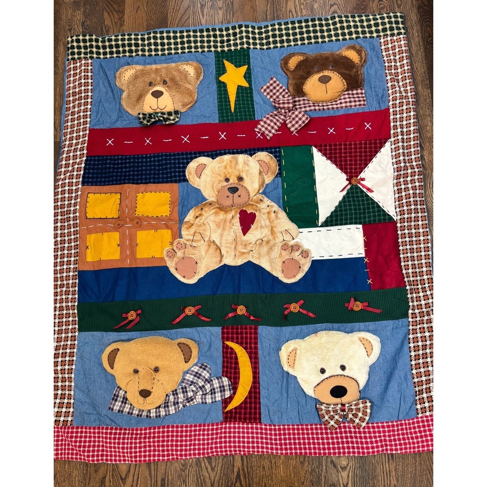 Vtg 90s Teddy Bear 3D Plush Blanket & Pillow Set Patchwork Nursery Cottagecore